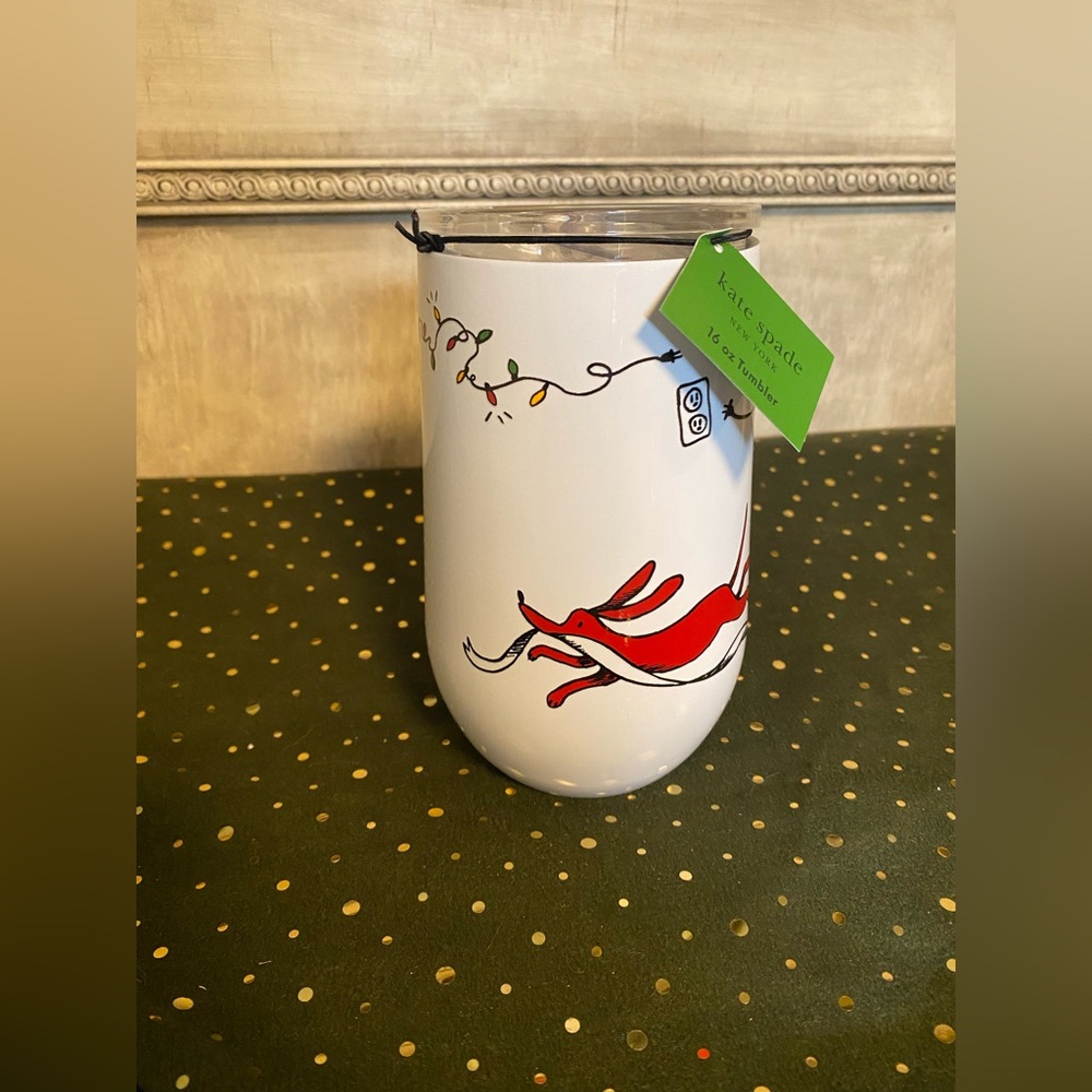 NWT kate spade Festive Christmas Holiday White and Red Tumbler With Cover